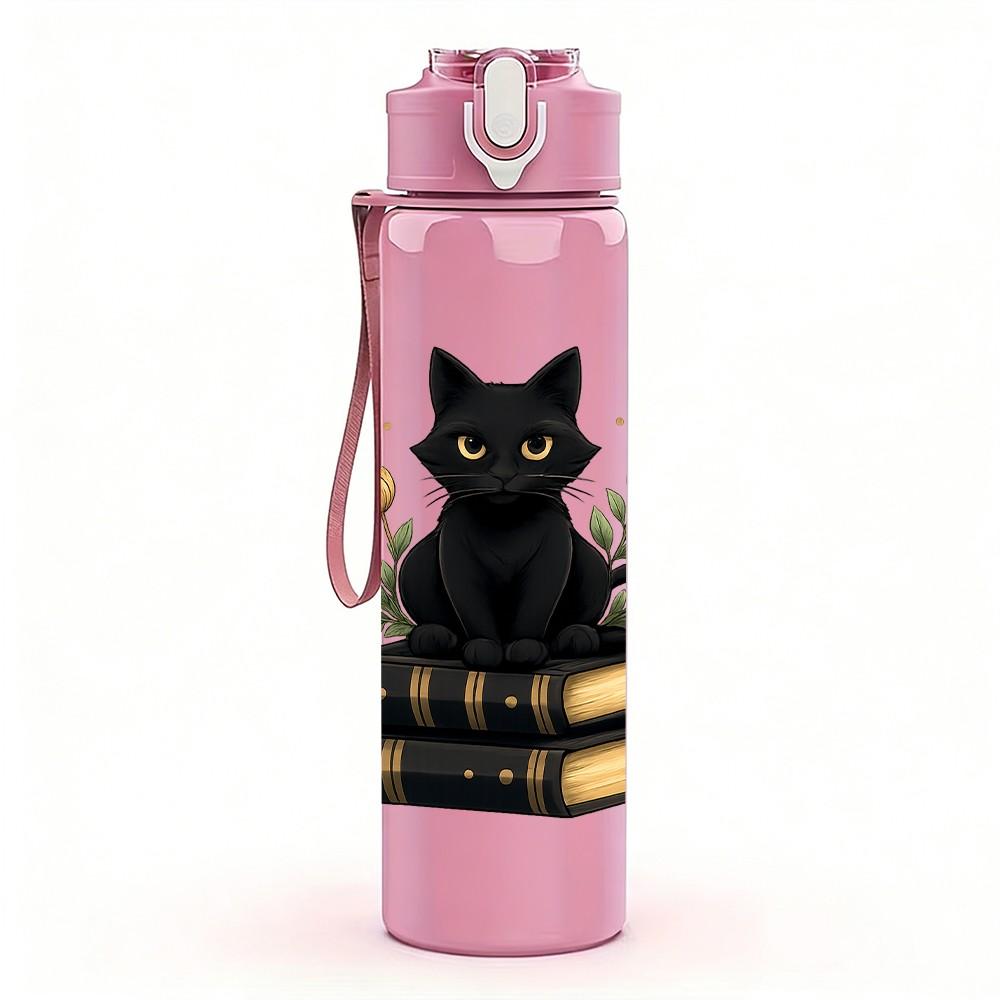 1PC Black Cat Stacked Books Art 750ml Color Plastic Sports Water Bottle Leakproof Flip Straw Lid Suitable for Sports Office Home Use