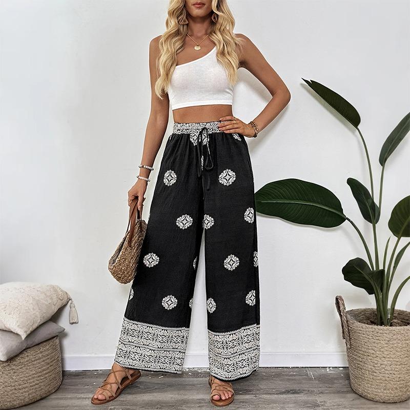 Women's Ethnic Printed Straight Trousers Elastic Waist Drawstring Casual Comfort Straight Pants