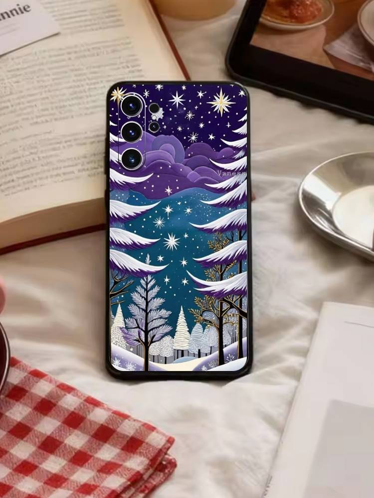 Starry Night Whimsical Landscape Phone Case For Samsung S26,S25,S24,S23,S22,S21,S20,Ultra,Plus,FE Black Soft Cover