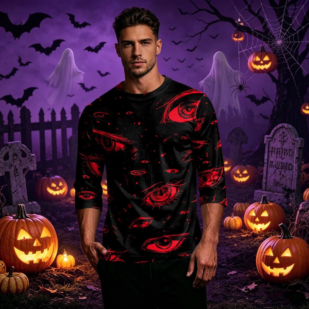 Men's Casual Halloween Print Crew Neck T Shirt Three Quarter Sleeve Top Comfortable Fit Lightweight Fabric Stylish Design