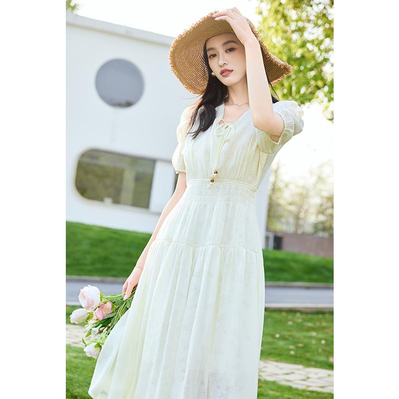 Tea break French V-neck tied waist, bubble sleeves, printed seaside vacation style dress