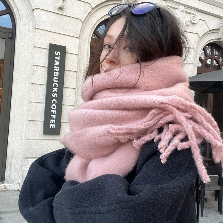 Autumn and Winter Velvet Feel Long Warm Tassel Brushed Large Scarf for Women Solid Color Versatile