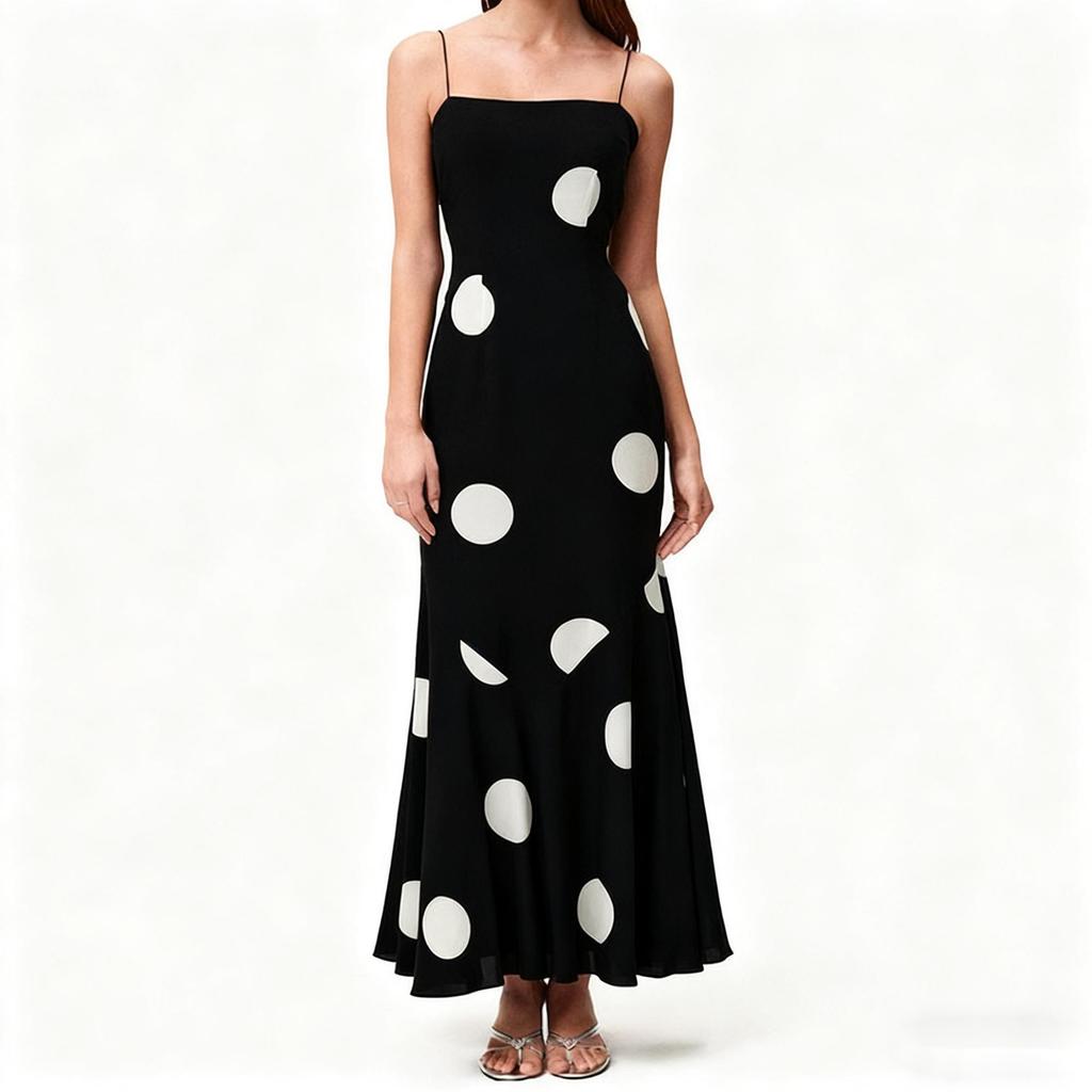 Autumn Style European and American Ins Style Fashion Polka Dot Print Sexy Backless Suspender Dress