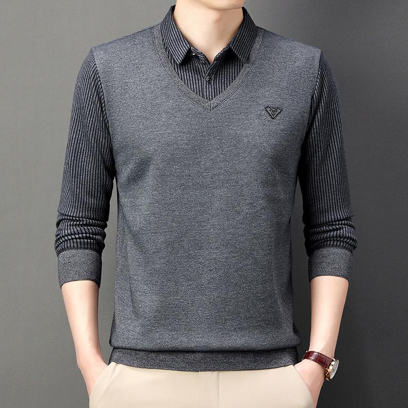 Autumn Fake Two-Piece Long-Sleeved T-shirt Men Clothing for Middle-Aged Dad Striped Shirt Collar Casual Bottoming Top Men