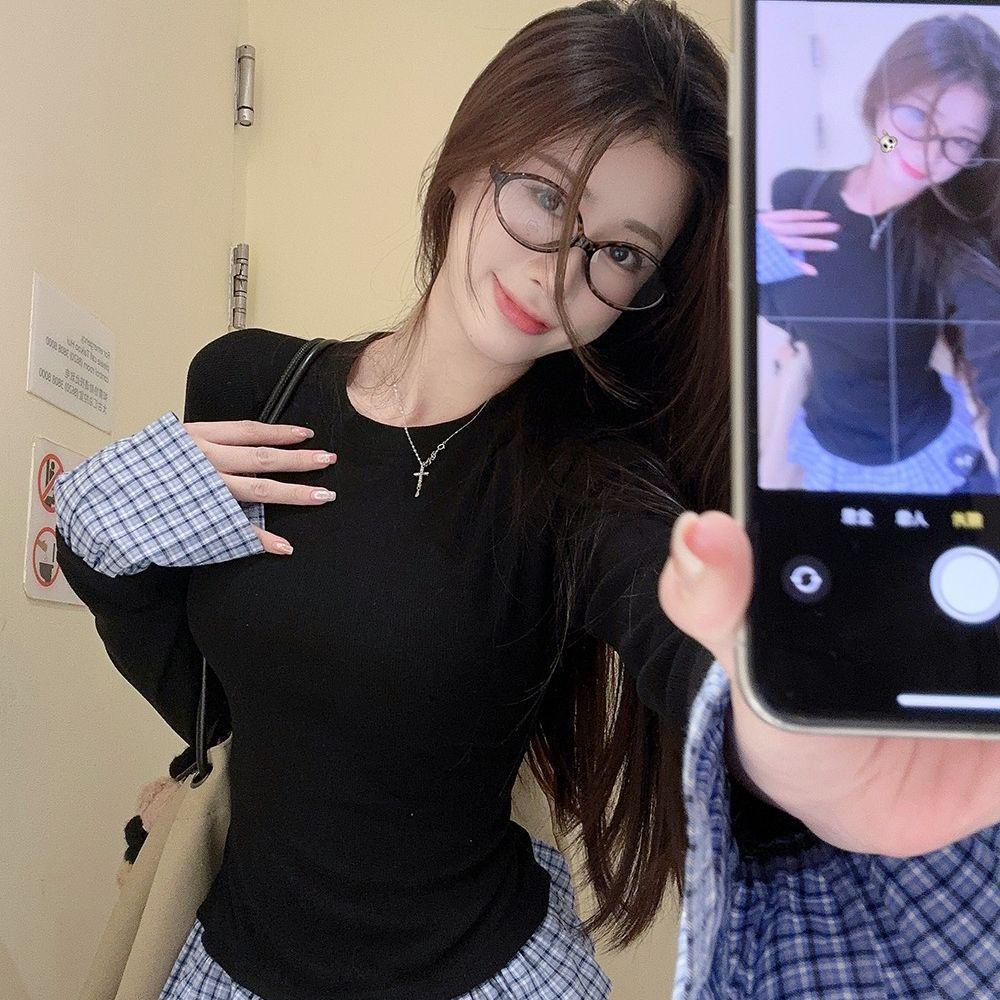 Korean Style Retro Two-Piece Plaid Patchwork Women's T-shirt for Autumn/Winter
