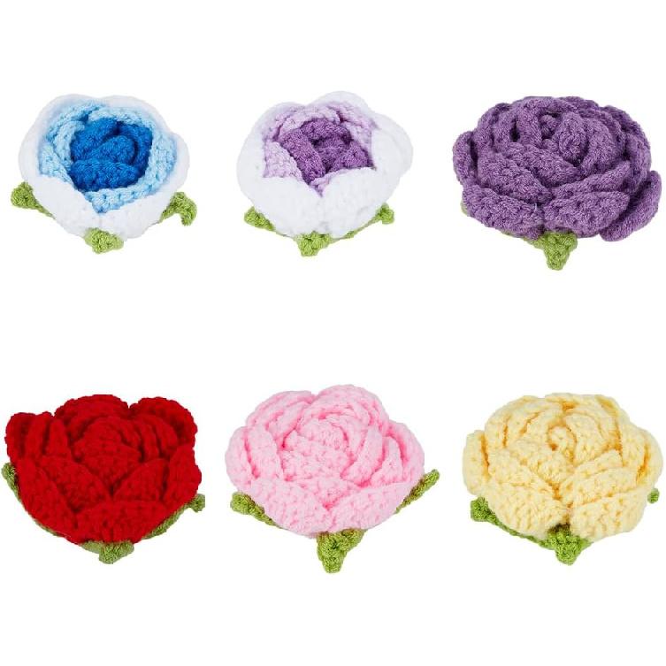 FINGERINSPIRE 6 Pcs 3D Rose Crochet Flower 6 Colors Crochet Flowers Applique Handmade Faux Rose Knitted Yarn Knitting Floral Patch 3D Floral Sew On