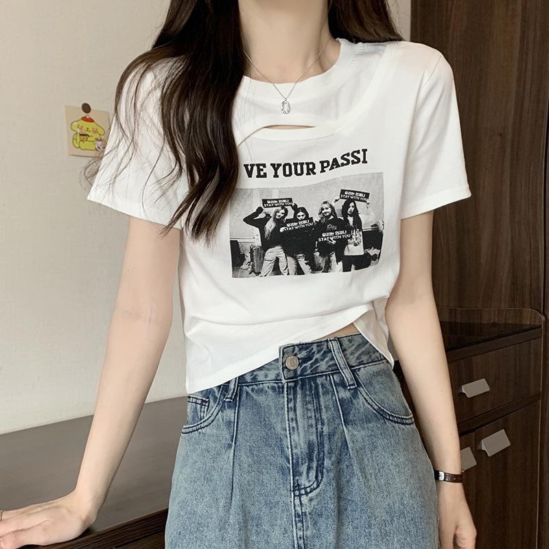 

Футболка с принтом в стиле ретро для женщин с короткими рукавами, летняя, новый дизайн, круглый вырез, открытая ниша, тонкий короткий топ 2XL белый