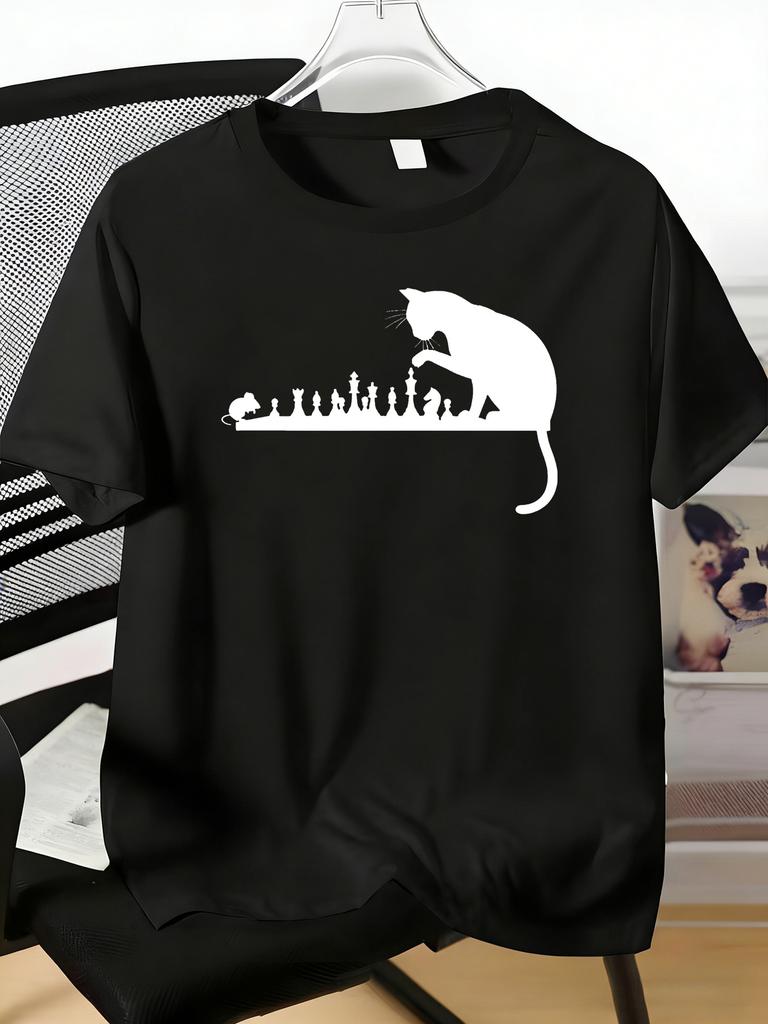 Unisexs Tee Cat And Mouse Playing Chess Silhouette Graphic Print Cotton Short Sleeve Male Casual Streetwear Outdoor Daily Basic Top