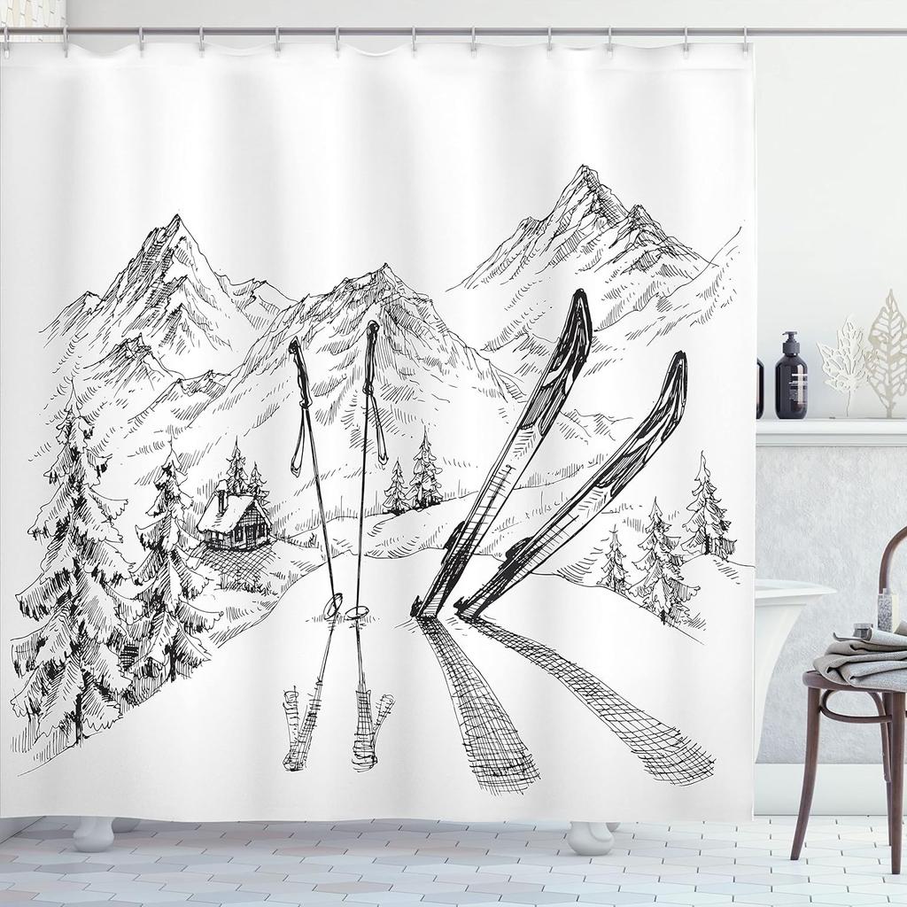 Rideau de douche de Noël, Boules Style Vintage Design Célébration Saison Hivernale Thème Merveilleux Flocons de neige, Tissu Tissu Salle de bain