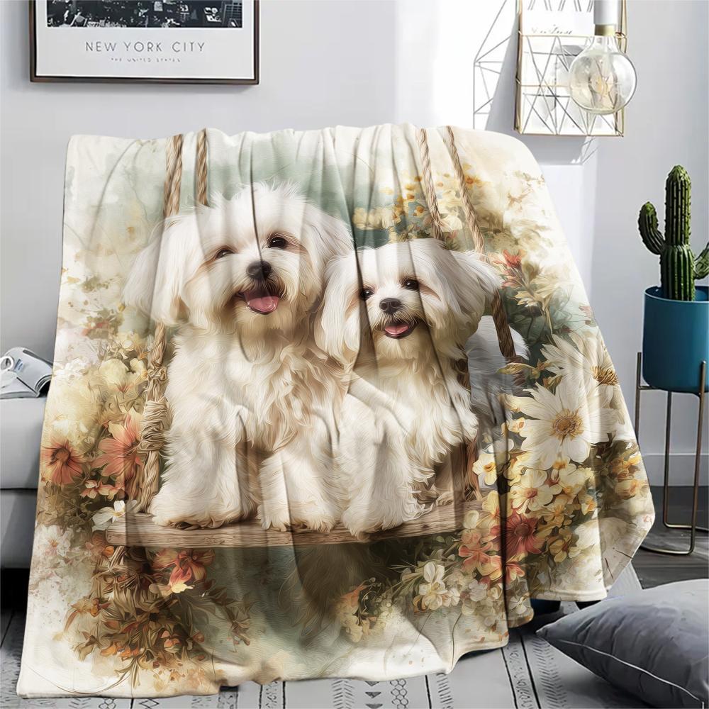 Maltese dog and flowers,pattern Flannel Blanket, High quality Comfortable for All Seasons, Home Decor, Warmth and Comfort, Perfect for Gifts.