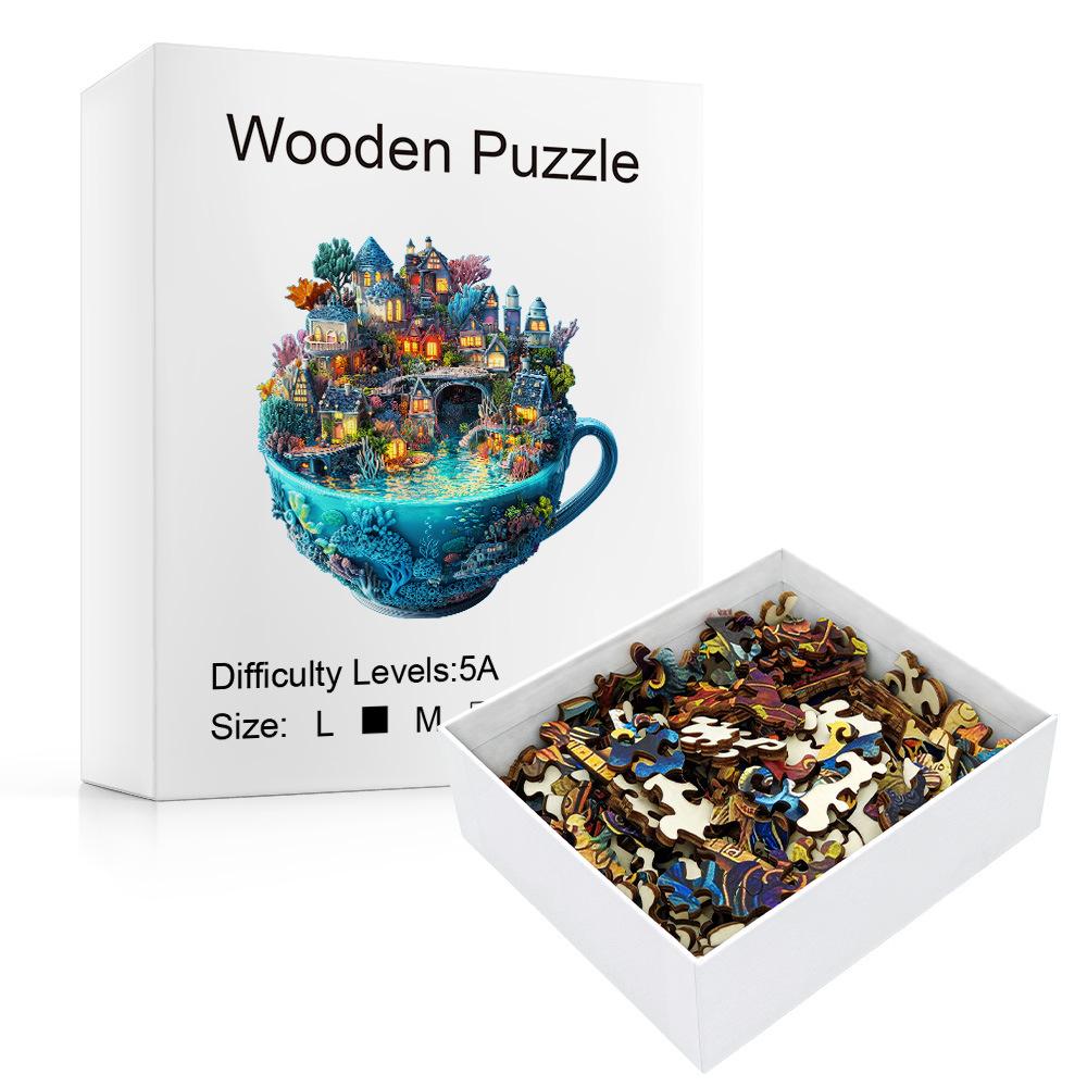 House On A Cup Wooden Puzzle Irregular Small Animal Pieces Flat Wooden Puzzle