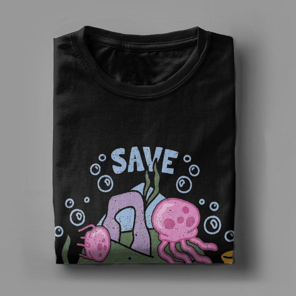 SpongeBobed Save Jellyfish Fields Bikini Bottom T-Shirts for Men Pure Cotton Tee Shirt Short Sleeve T Shirts Summer Clothes