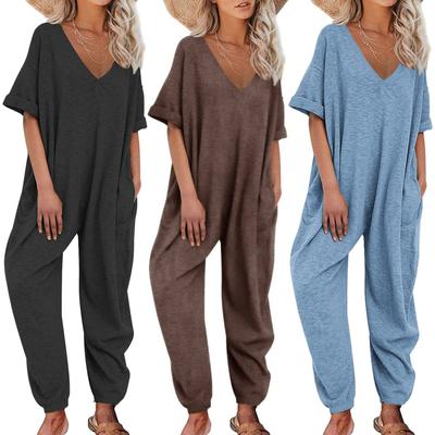 Women's Jumpsuit Solid V-neck Half Sleeve Loose Casual Leggings