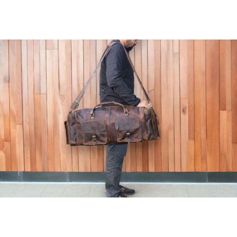 Personalized Leather Duffle Bag Travel Carry On Luggage Overnight Gym Weekender Handmade Duffel Bag Groomsmen Gift Oversized Christmas Gift