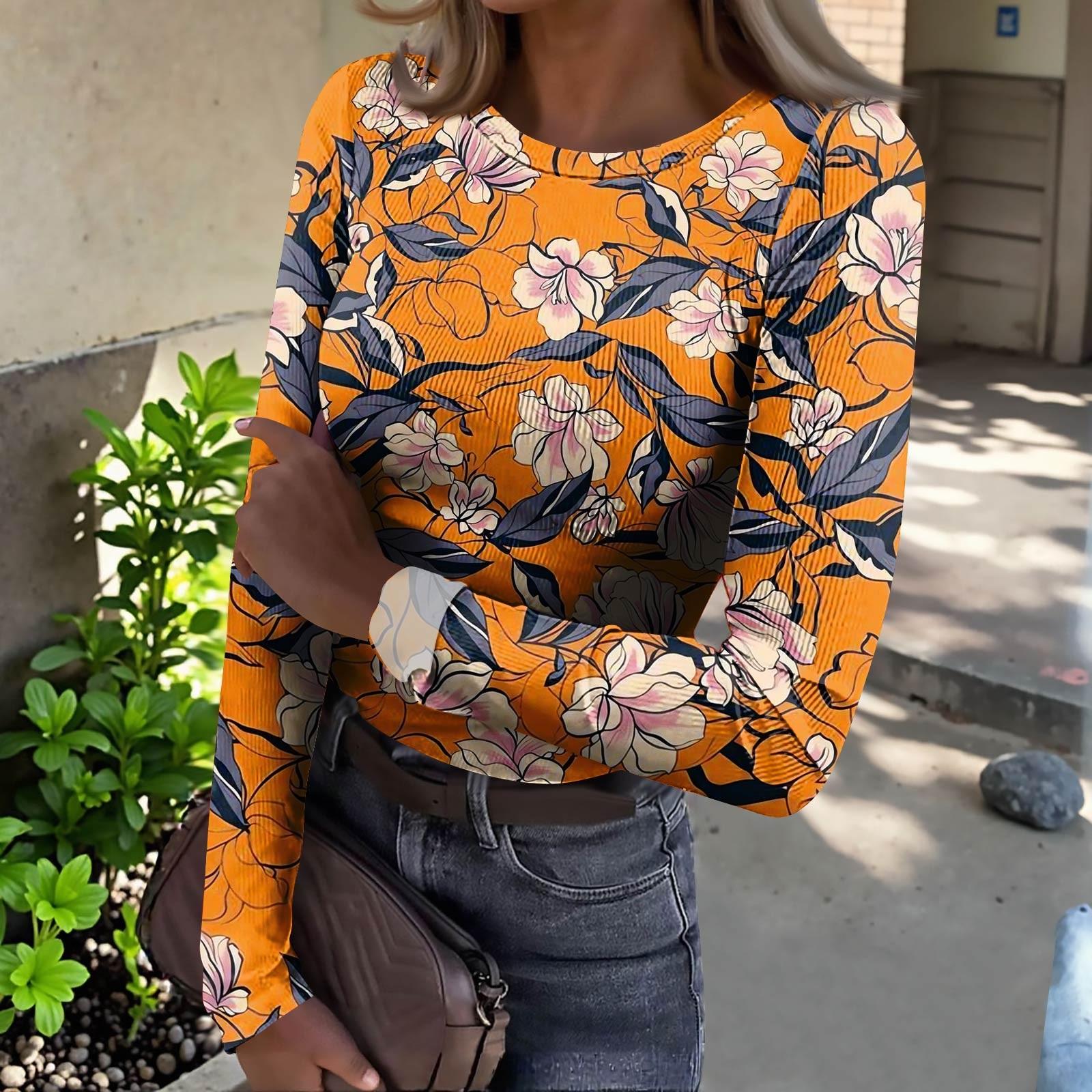 

Женская футболка с облегающим низом, модная повседневная с градиентным принтом, пуловер с круглым вырезом и длинными рукавами M оранжевый