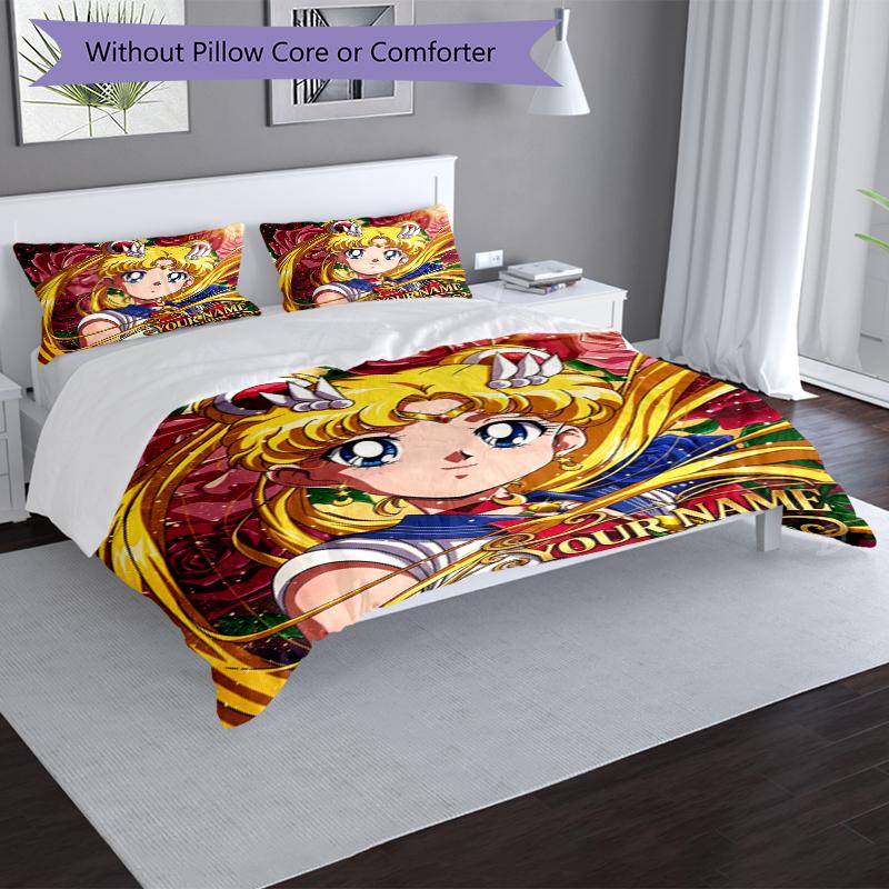 3pcs Custom Name Moon Princess Printed Bedding Set Duvet Cover Closure Includes 1 Duvet Cover & 2 Pillowcases, Soft and Comfortable for All Seasons.
