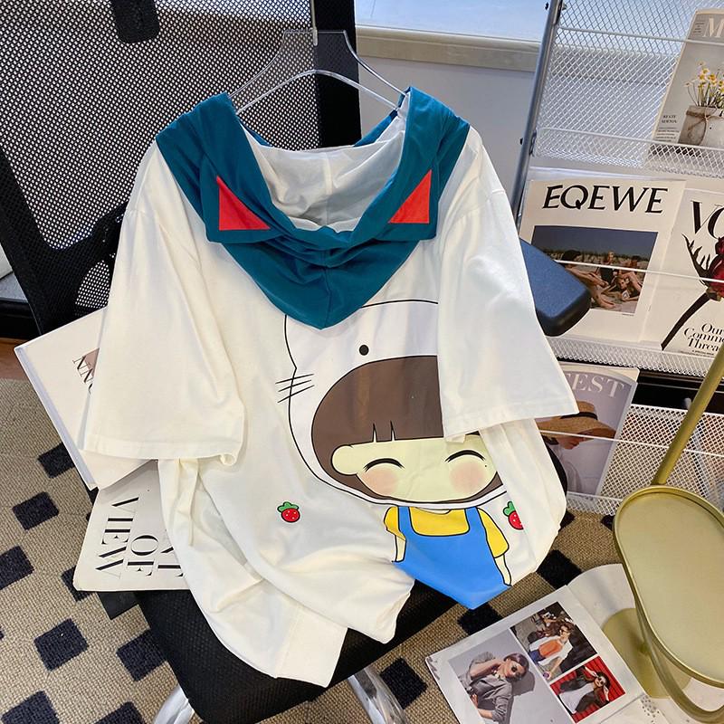 

Женская футболка большого размера в корейском стиле, повседневная, свободного кроя, с коротким рукавом и капюшоном - Летний дизайн L белый