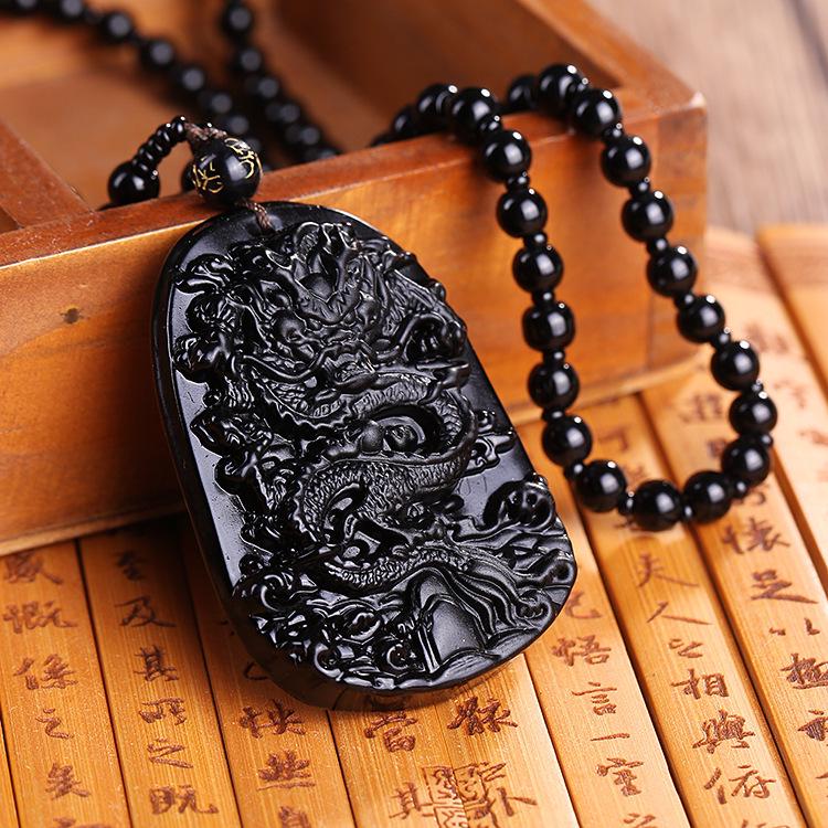 Men's Domineering Pixiu & Dragon Necklace with Guan Yu Pendant - Imitation Obsidian Couples Gift