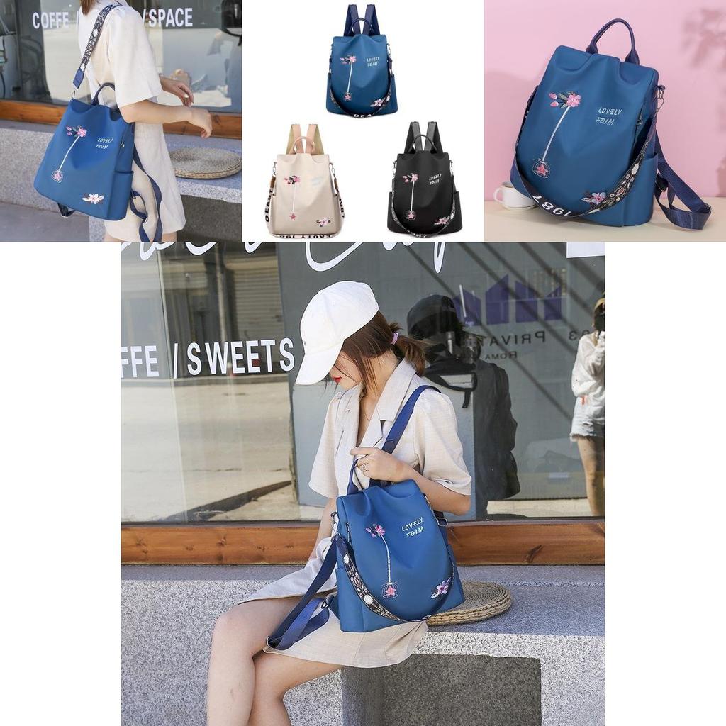 Floral Embroidered Double Backpack Large Capacity Women's Bag Oxford Fabric Blue Black Khaki