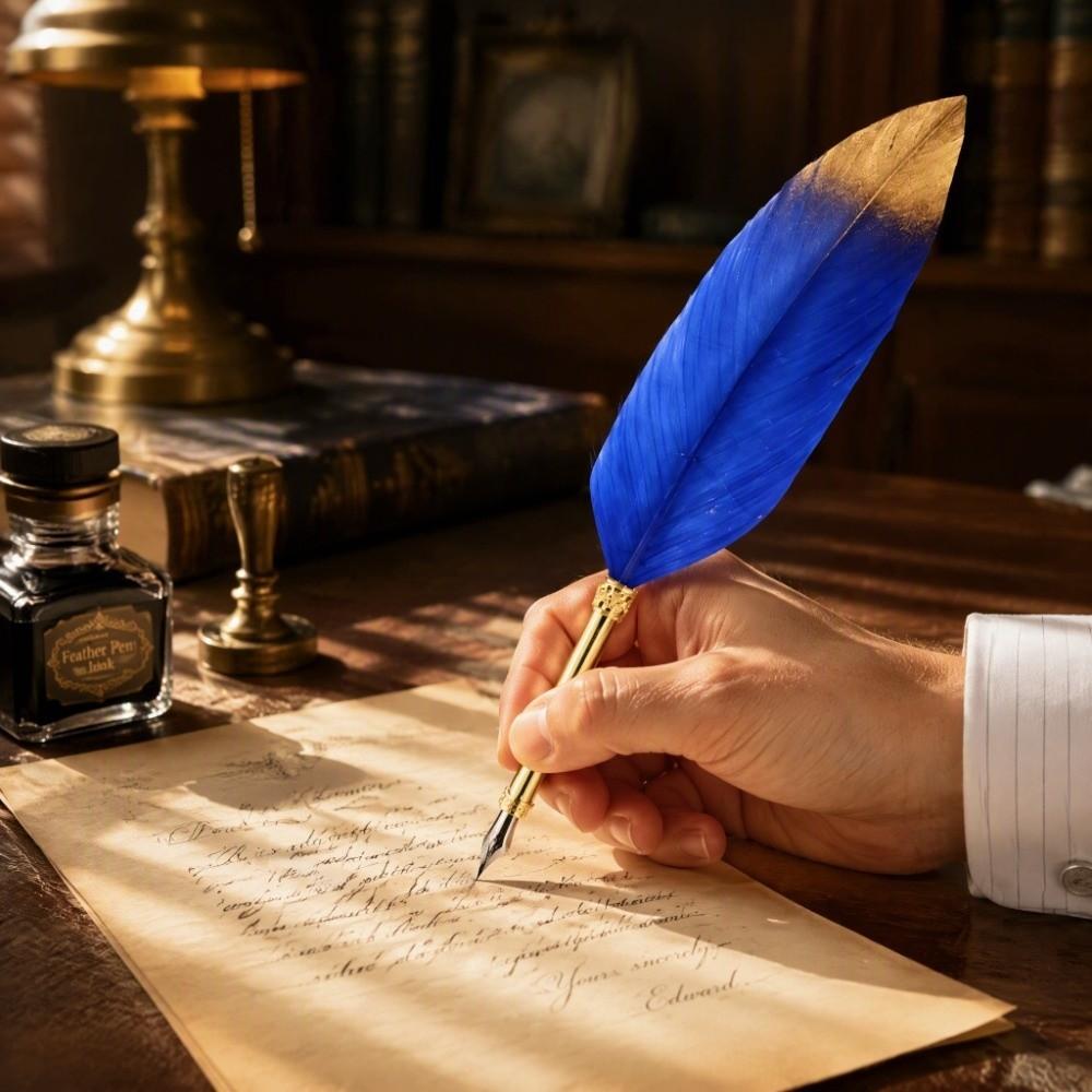 24cm/9.4in Calligraphic Pen Set Blue Dip Pen Set Replacement Feather Pen Kit Calligraphy Practice