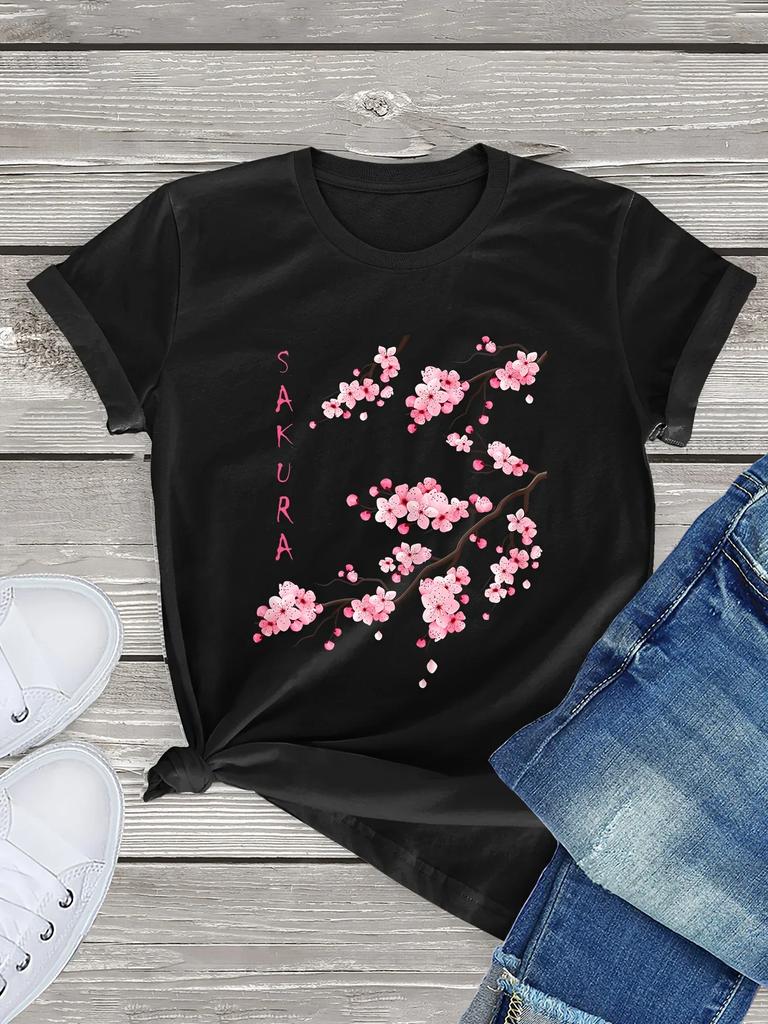 Short Sleeved Round Neck Y2k Tshirt Men Clothing New in Top & Tees Mens T-Shirt Camisetas Sakura Cherry Blossom Print 70266