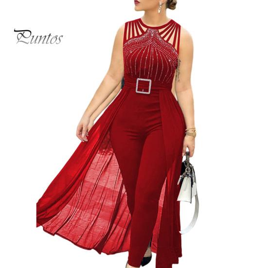 

Женский комбинезон с вырезами и пряжкой со стразами, сетчатый лоскутный плиссированный комбинезон без рукавов с высокой талией, чистый цвет, для официальных мероприятий, вечеринок, выпускного вечера, комбинезон M красный