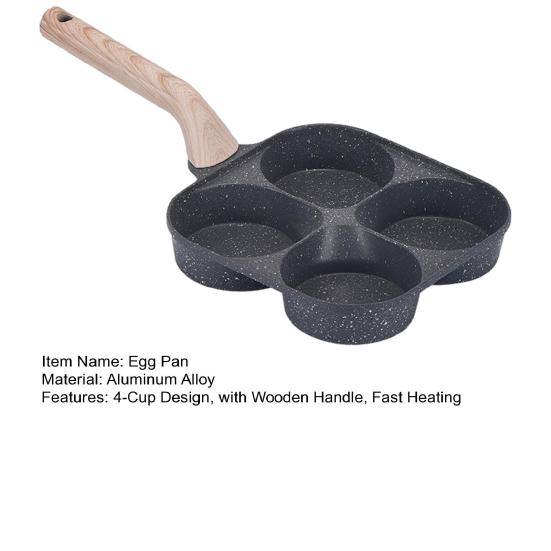 4-Cup Nonstick Egg Pan 4-in-1 Breakfast Pan with Wooden Handle Fast Heating Aluminum Omelette Skillet Pancake Eggs Burger Bacon Frying Pan