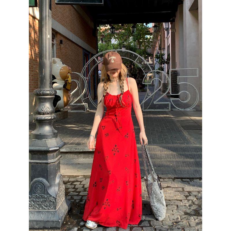 Plus size Chubby Girl French style Holiday Style Red Floral Sling Dress Women Summer New Waist Hugging Hide Meat A- line Skirt