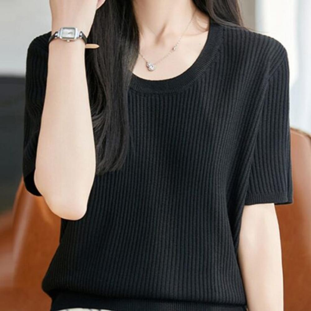 Navava Women Solid Ribbed U Neck Short Sleeve Knit Top Nk3675