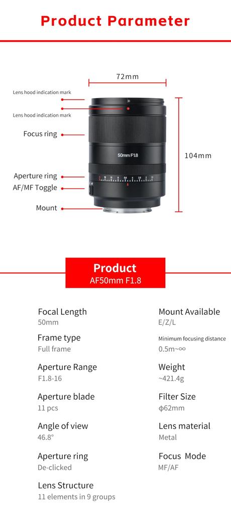 7artisans AF 50mm Prime Large Black L-Mount F/1.8 Lens, Full-Frame, Aperture, (2-Year Warranty)