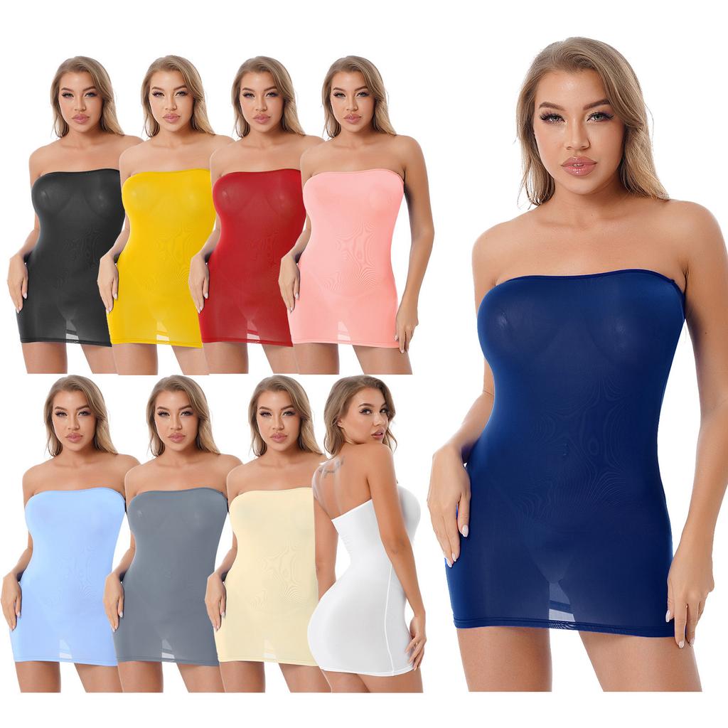Womens Stretchy Strapless Pencil Dress Semi see through Mini Bikini Cover Ups