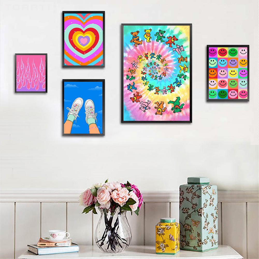Customizable Colorful Heart Painting Abstract Flowers Mushrooms Posters and Prints Kids Room Girls Wall Art Picture