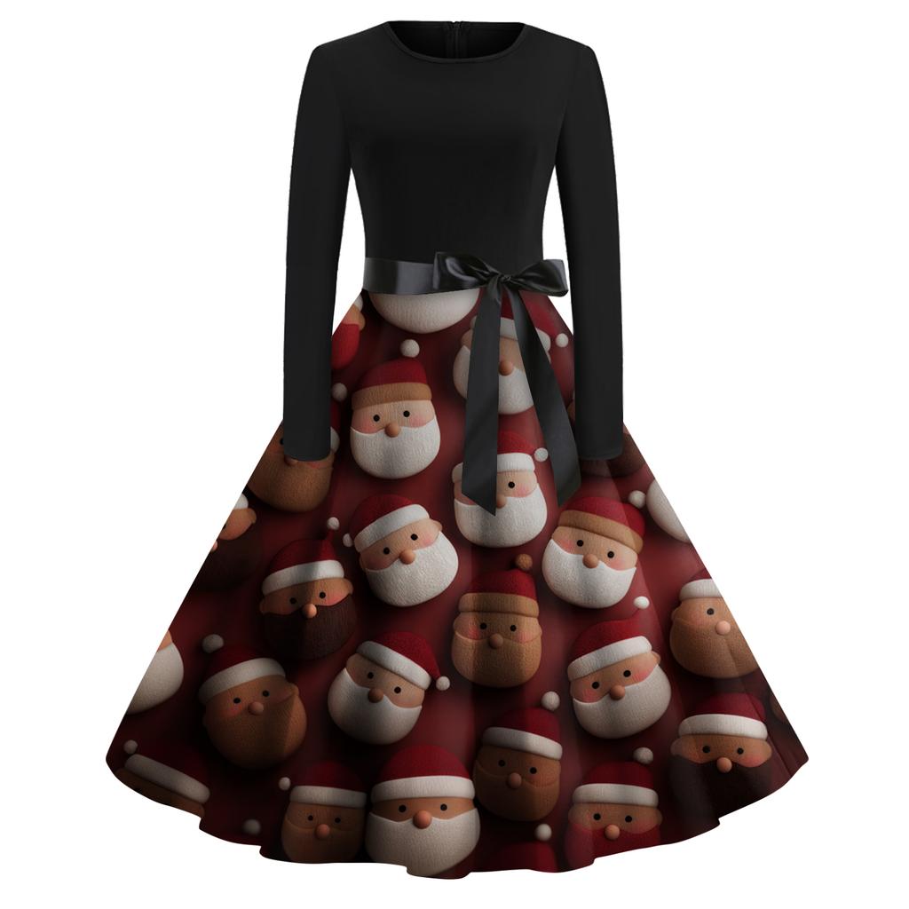 Damenmode Rundhals Lässig Slim Fit Weihnachtsdruck Weit schwingendes Langarmkleid