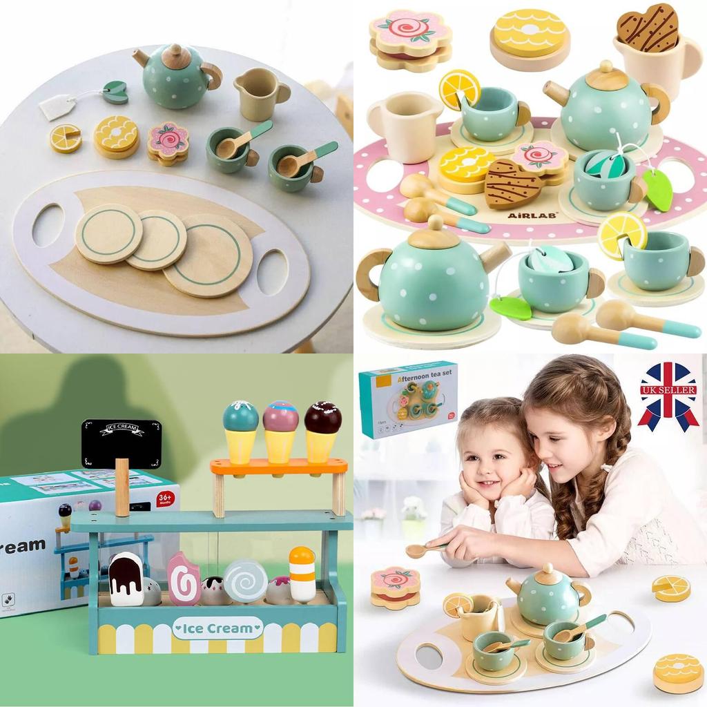 Colorful Wooden Ice Cream Shop Pretend Play Set For Kids With Realistic Tea Set Features