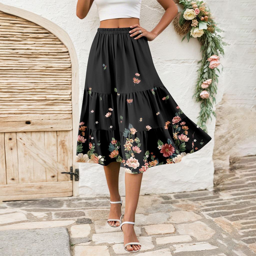 Damen Casual High Waist A-Linienrock Polka Dot Streifen Bedruckter Rock mit Taschen