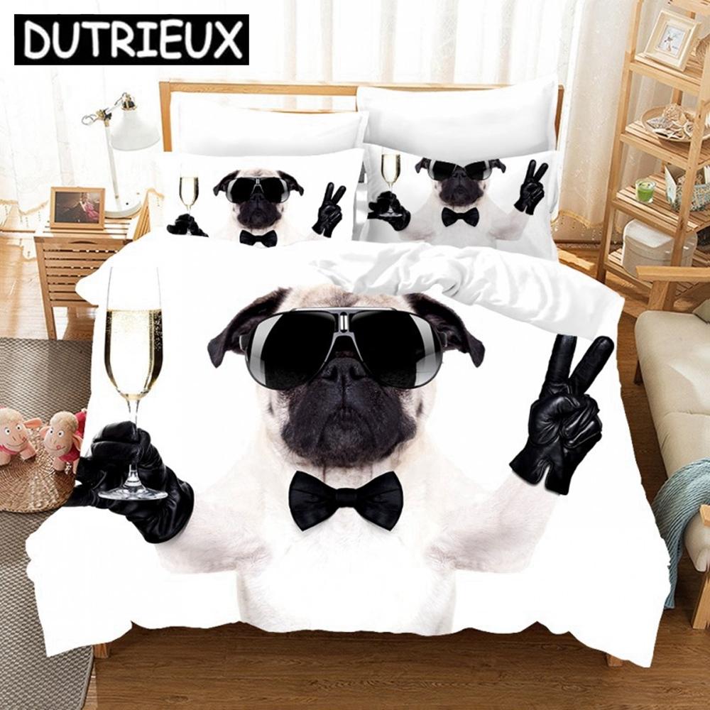 Cute Pugs 3D Duvet Cover King Size Animal Dog Printed Black White Quilt Cover Pillowcase Set Custom Bed Linen Kids Bedding Set