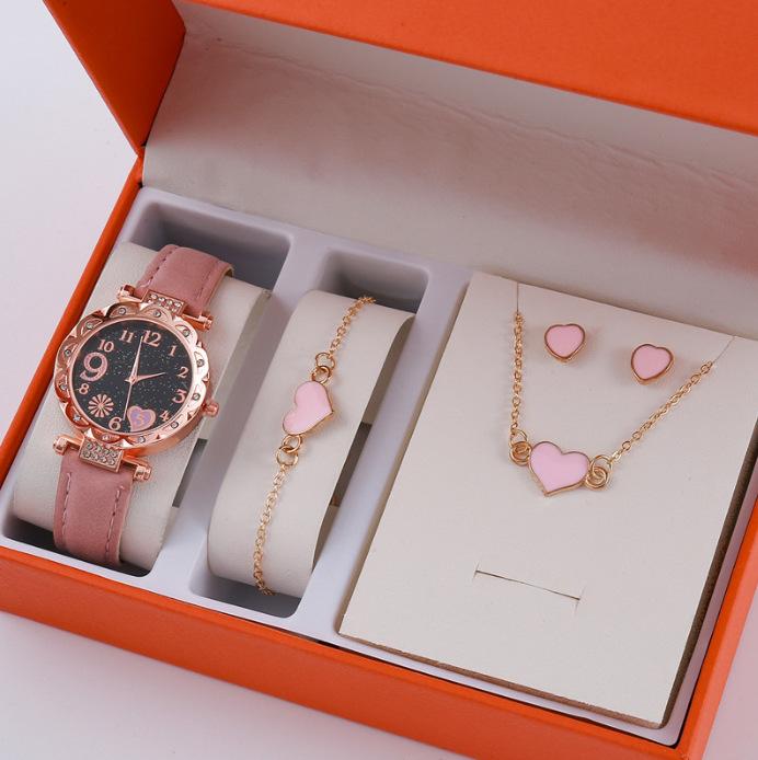 European And American New Crystal Love Jewelry Fashion Temperament Peach Heart Necklace Earrings Ring Bracelet Four-Piece Set