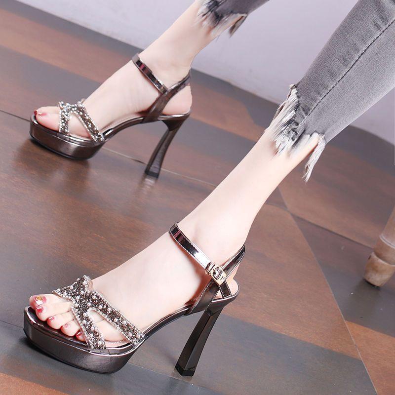 

10CM thick heel high heels women s waterproof table sandals 2025 new open-toe one-word buckle belt sexy pearl women s shoes 34