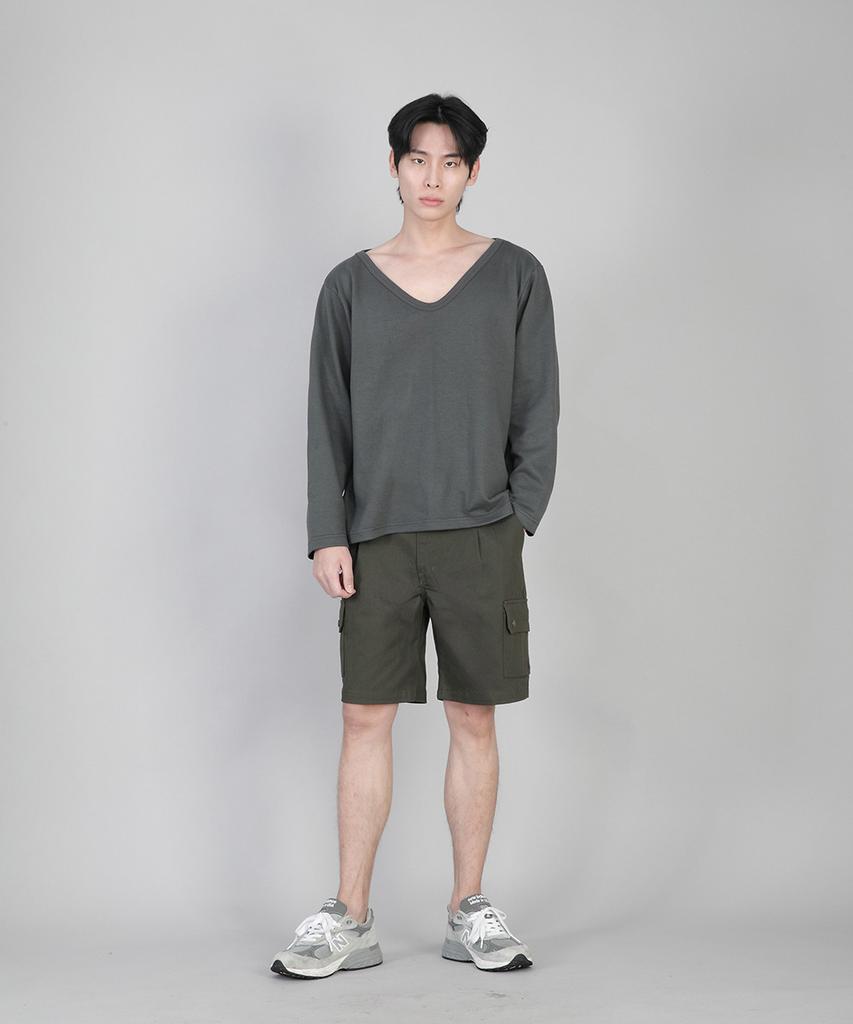 Seinteukeulu Plain Big V-Neck Long Sleeve Tee Bigv-879 Slate Gray