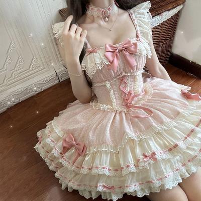 Japanese Sweet Lolita Jsk Mesh Dress Women Kawaii Lace Bow Ruffles Tea Party Dresses Harajuku Cute Pink Princess Mini Cake