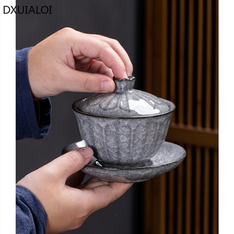 Ceramic Sancai Cover Bowl Teacup Ice Crack Ceramic Kungfu Tea Set Tea Bowl Gaiwan Tea Set Gift 200ml