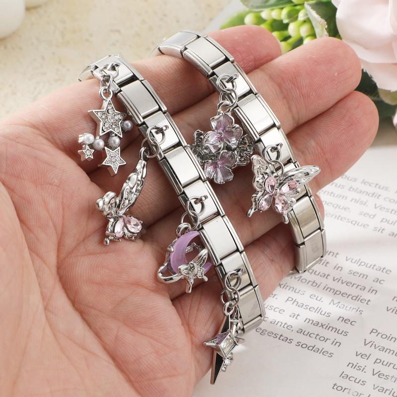 Pink Butterfly Romantic Flowers Heart Star Moon Pendant Italian Charm Links Fit 9mm Bracelet Stainless Steel DIY Making Jewelry