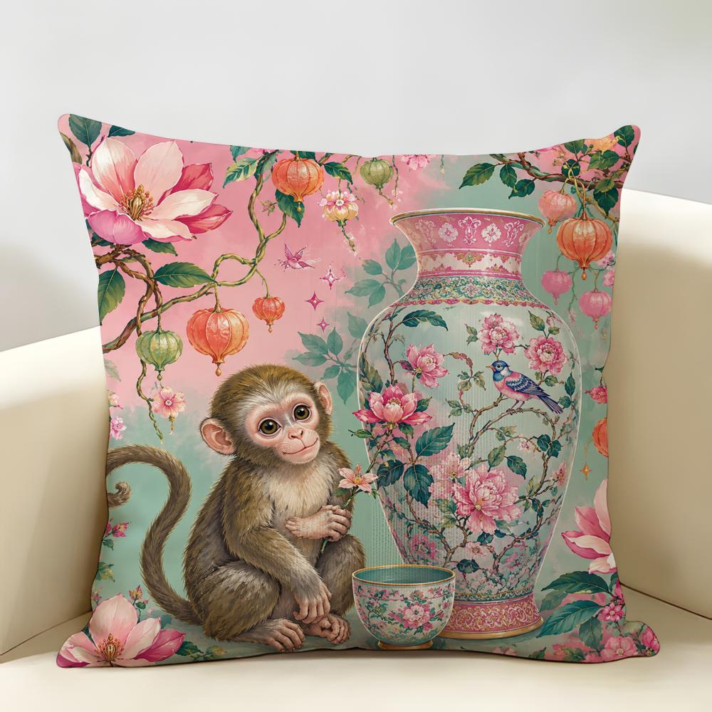 Chinoiserie Monkey Holding Blue Umbrell Cushion Cover Durable Hypoallergenic Organic Linen Pillow Cover Washable SkinFriendly