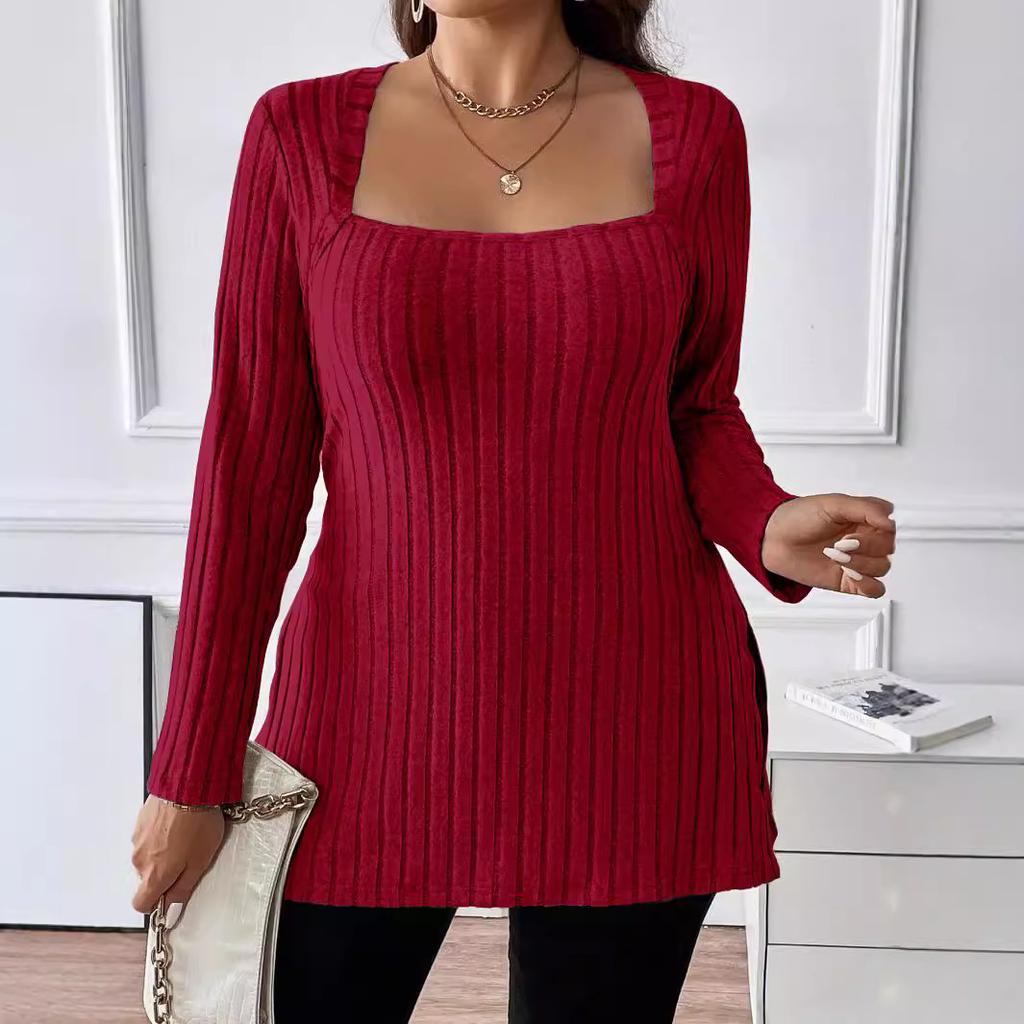 Übergröße Neuer Herbst- und Winter Damenmode Einfarbiger Pullover Damen Quadratischer Ausschnitt Langärmeliges Freizeit-Oberteil