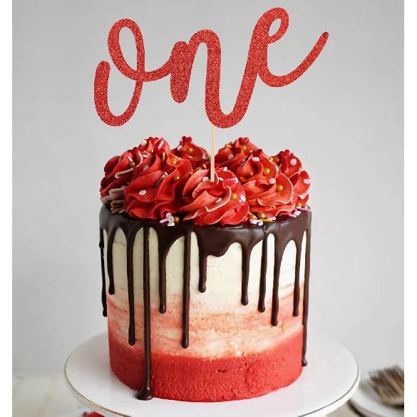 First Birthday Cake Topper - Red Glitter One Cake Decorating Supplies for Girls and Boys, Perfect for Baby Shower/Gender Revealing Party/Baby Party