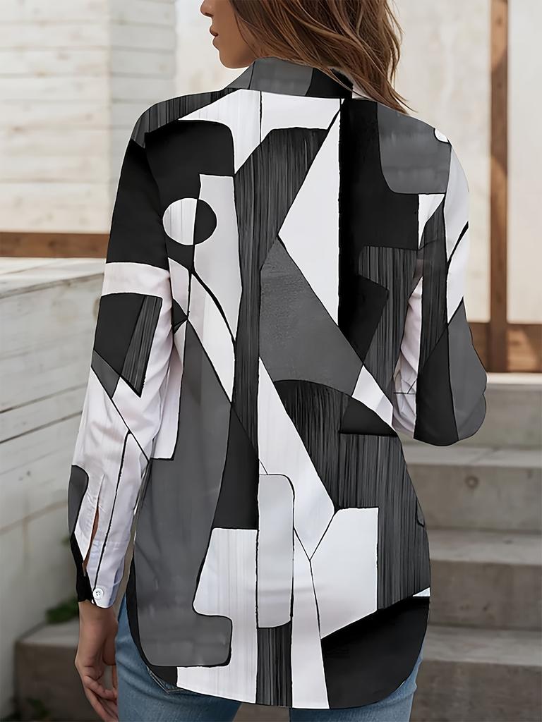 Women's Large Size Loose Printed Long Sleeve Button-Down Shirt - Lapel Casual Top for Spring and Autumn