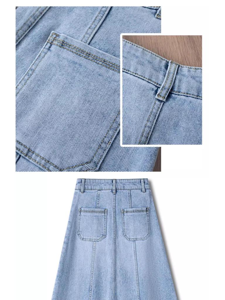 Summer 2025 Light Blue A-Line Denim Midi Skirt for Women - Slimming, Loose Fit, Hip-Covering, Midi Length, Wide Hem