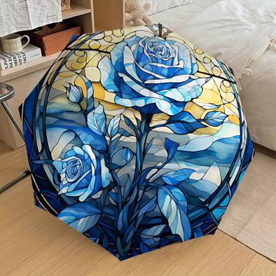 1PC Rose Stained Glass Umbrella-8-Rib Reinforced, Automatic Open, Lightweight & Durable, Cute Fashion Accessory for Outdoor-T145