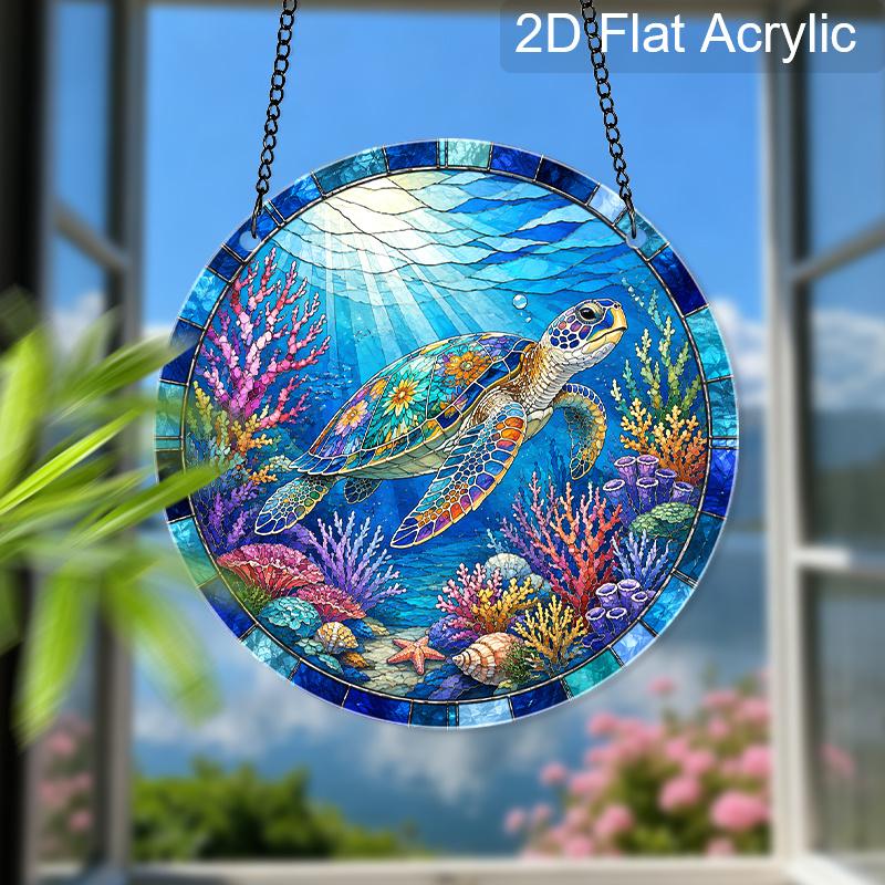 2D Flat Acrylic Blue Sea Turtle Suncatcher Decorative Hanging Ornament, 7.87/11.81inches Summer Underwater World Coral Turtle Design Window Hanging