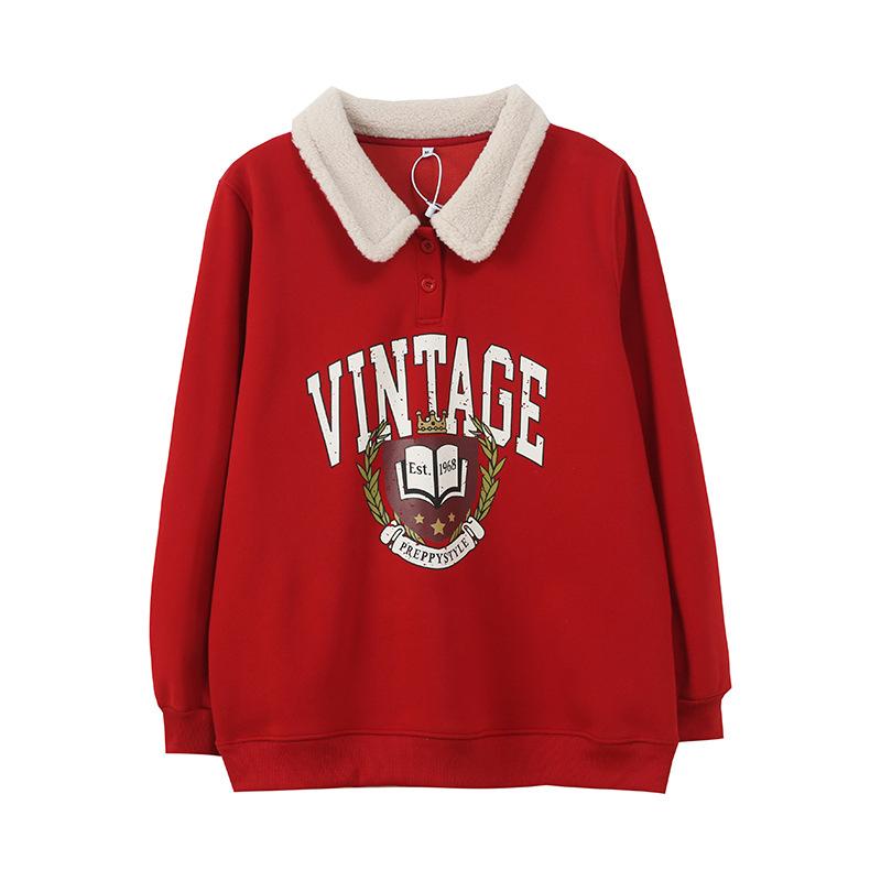 Large Size Women's Lamb Wool Lapel Print Sweater Winter New Pullover Fleece Thermal Top 431928